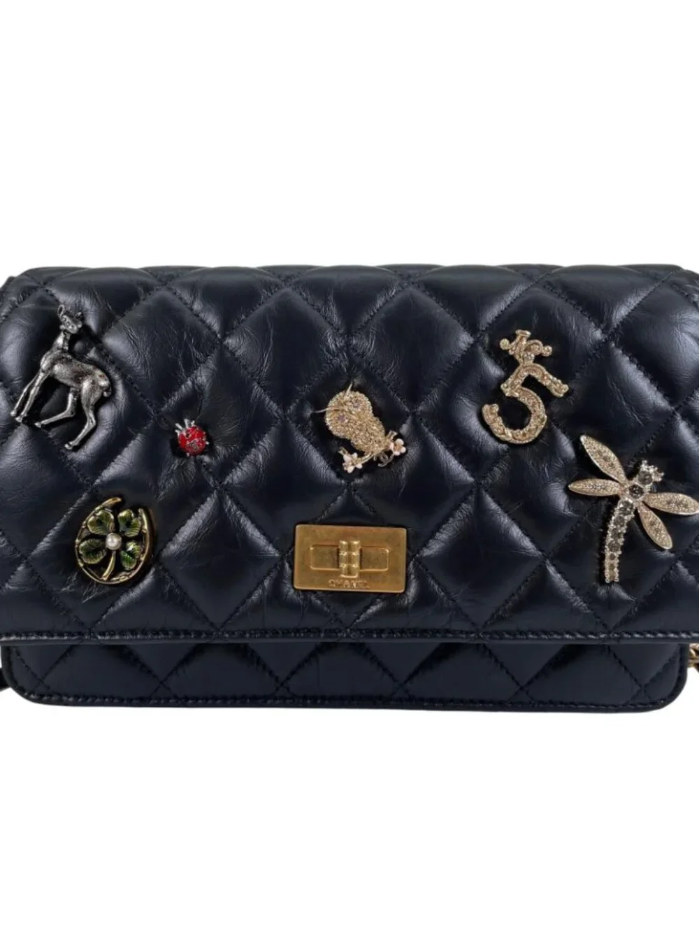 Chanel 2.55 Quilted Icon Charm Embroidery Chain Wallet Shoulder Bag Calfskin